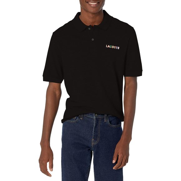Lacoste Men's Short Sleeve Rainbow Wording Relaxed Fit Polo Black L